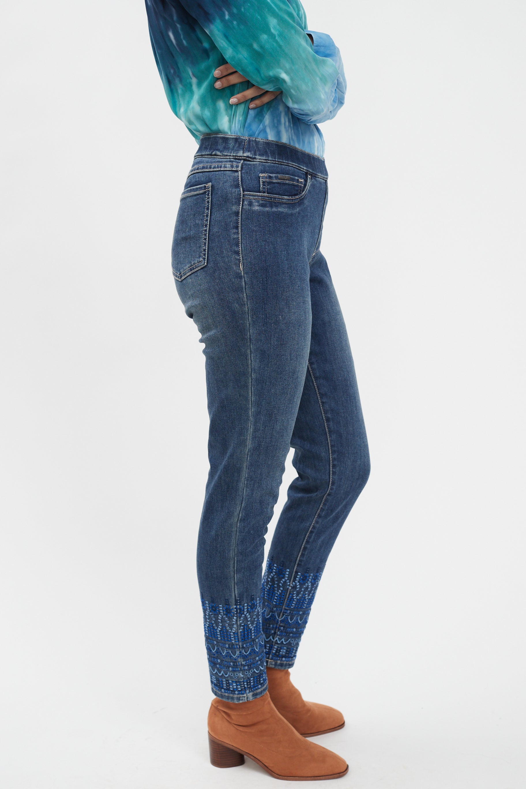 Pull-On Slim Ankle Jean with Embroidered Hem by FDJ