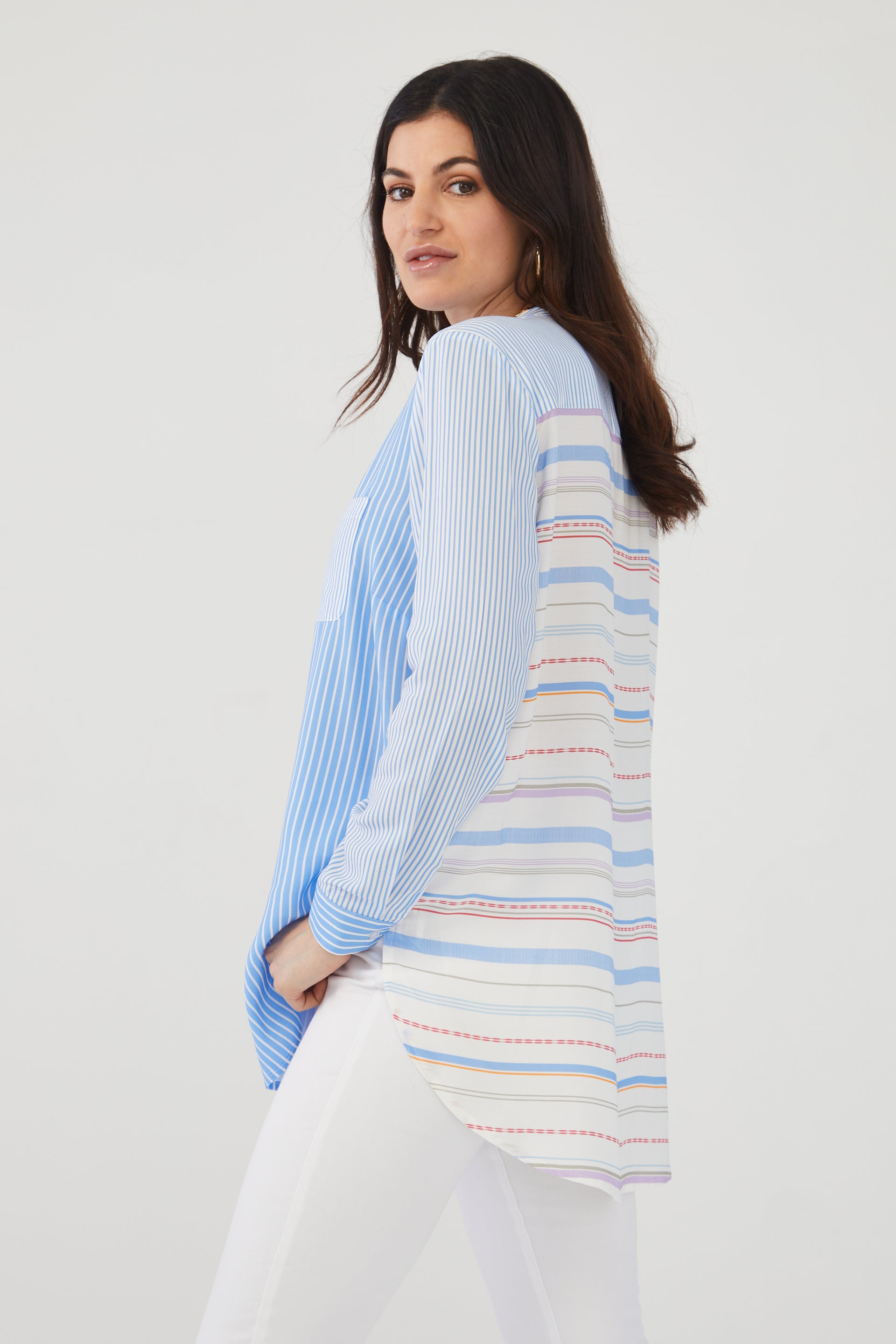 Mixed Striped Button Up Tunic by FDJ