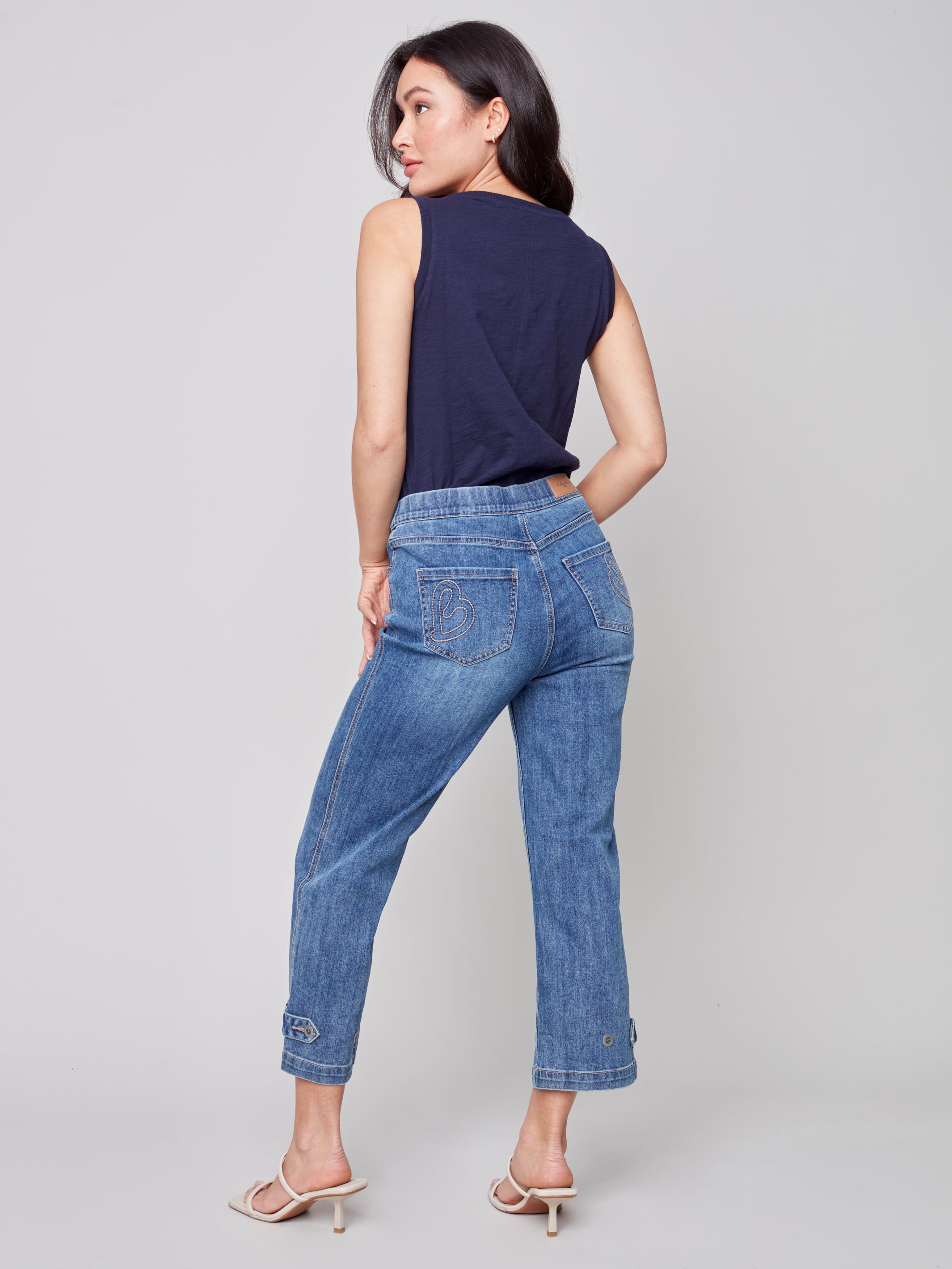 Pull On Denim Ankle Pant with Hem Button Detail by Charlie B