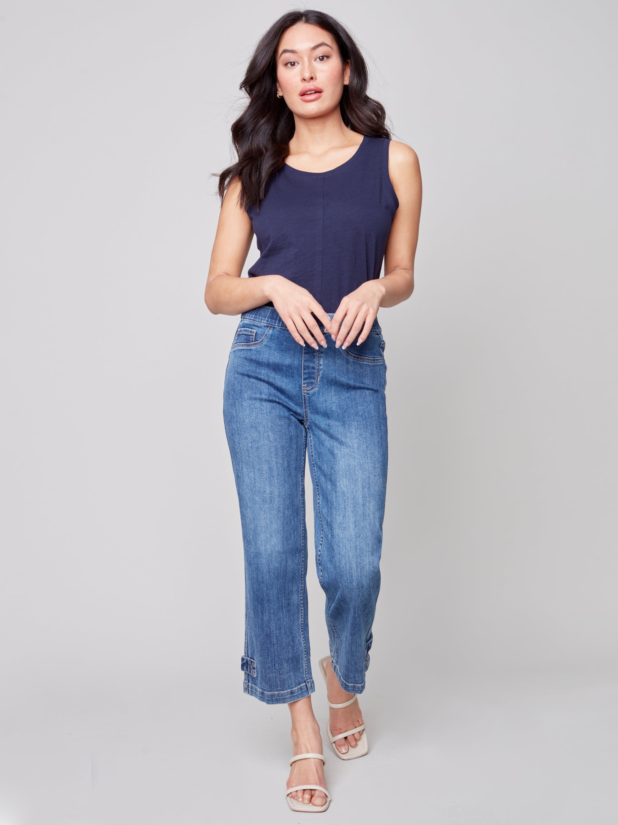 Pull On Denim Ankle Pant with Hem Button Detail by Charlie B