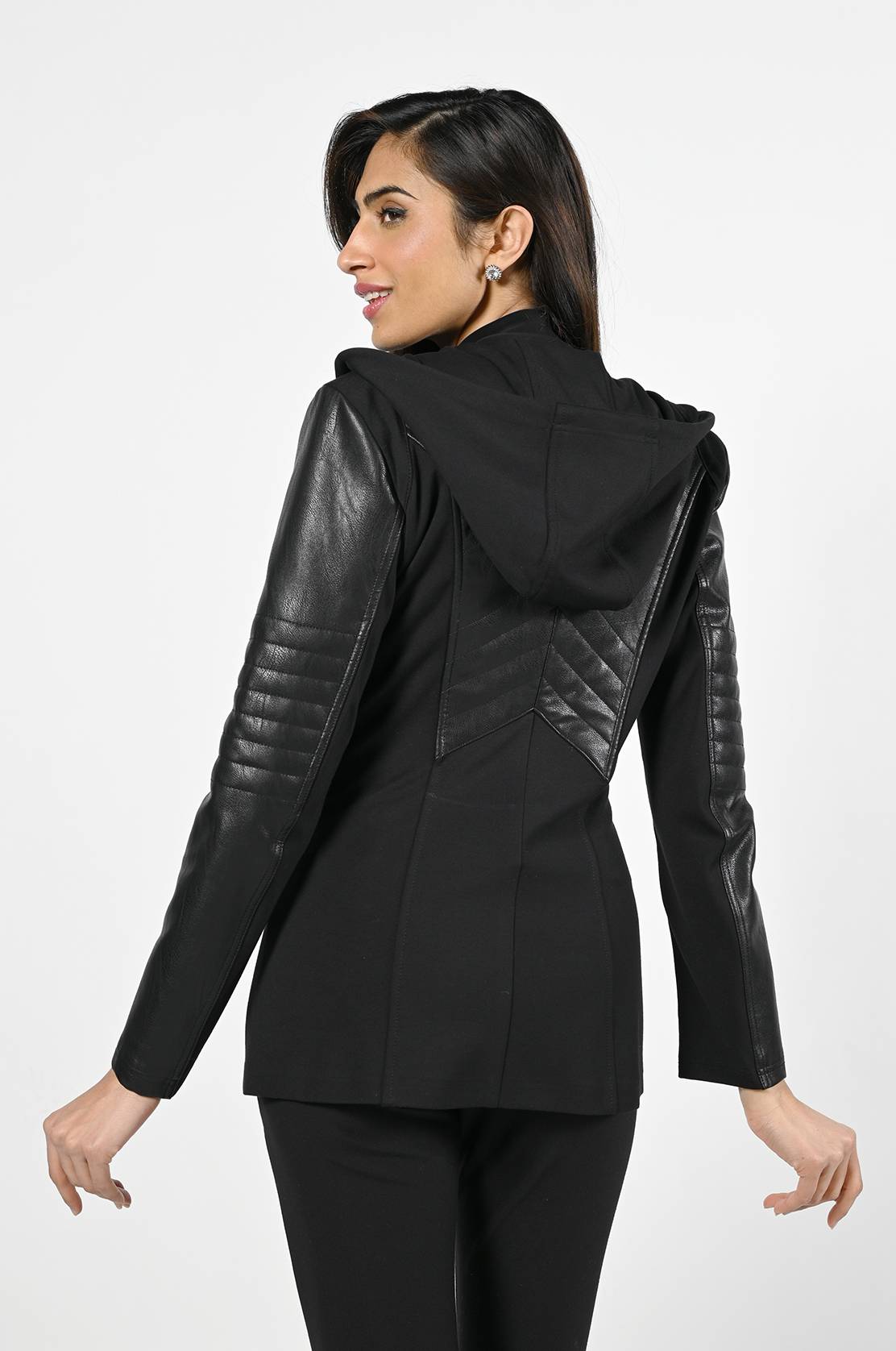 Hooded Blazer with Faux Leather Moto Details by Frank Lyman