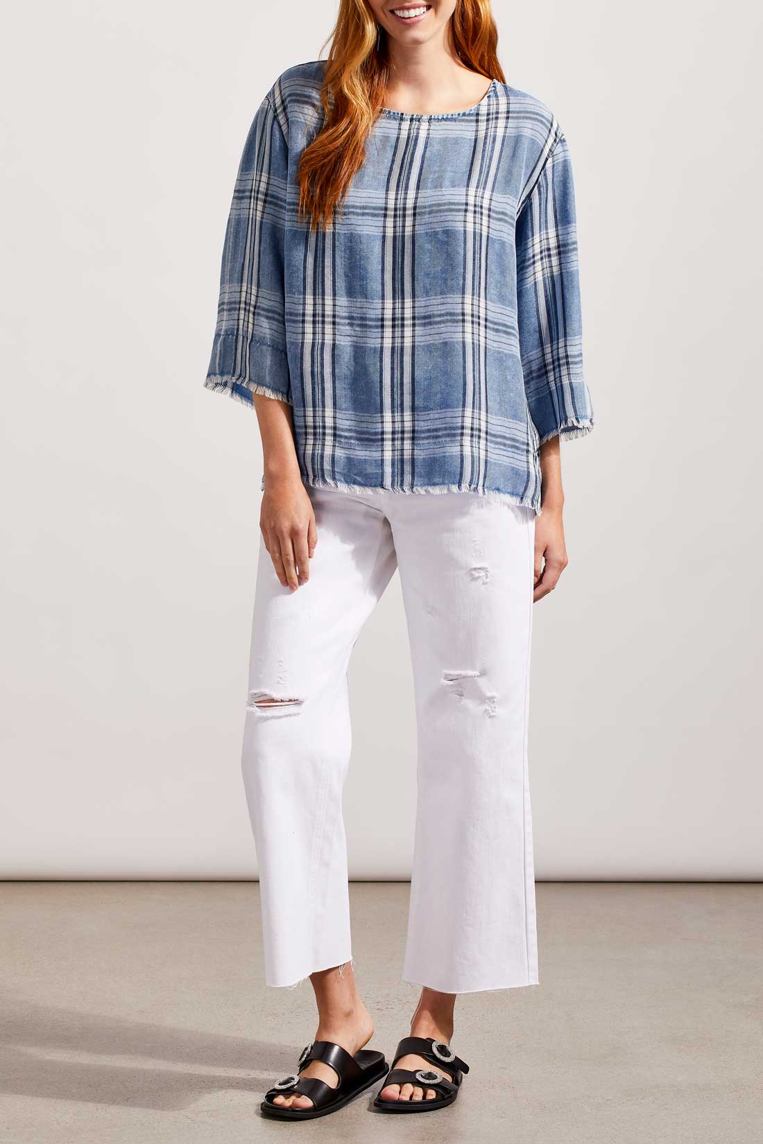 Plaid Bell Sleeve Pop Over Top by Tribal