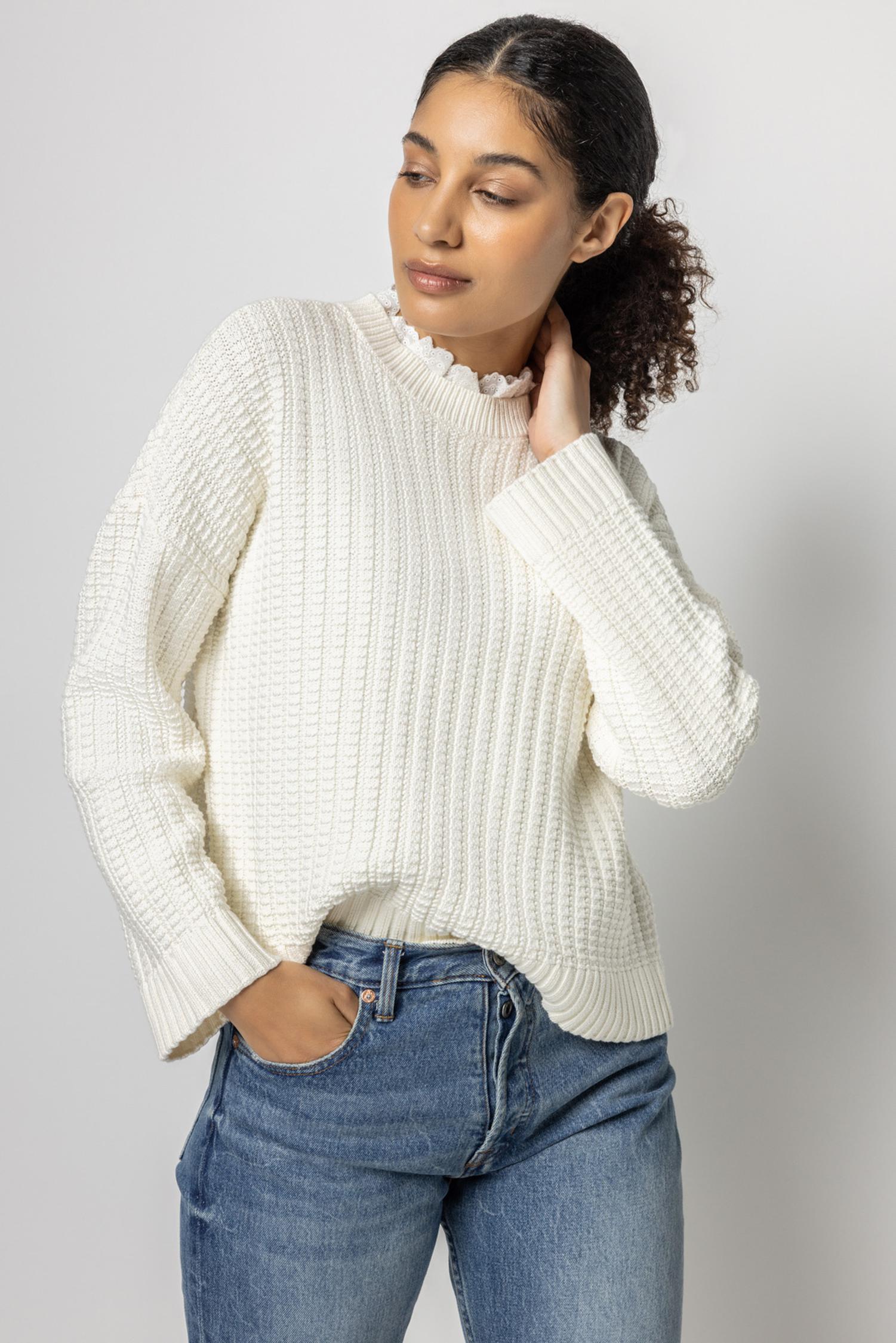 Eyelet Trimmed Crewneck Sweater by Lilla P